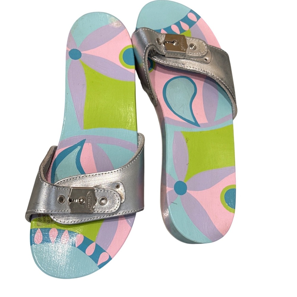 Dr. Scholl's Original Classic hand-painted wood sandals silver leather vintage 8